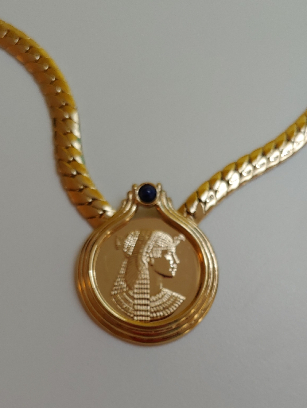 Vintage 22k Gold Plate Cleopatra Medallion Necklace with Blue Lapus Accent Stone